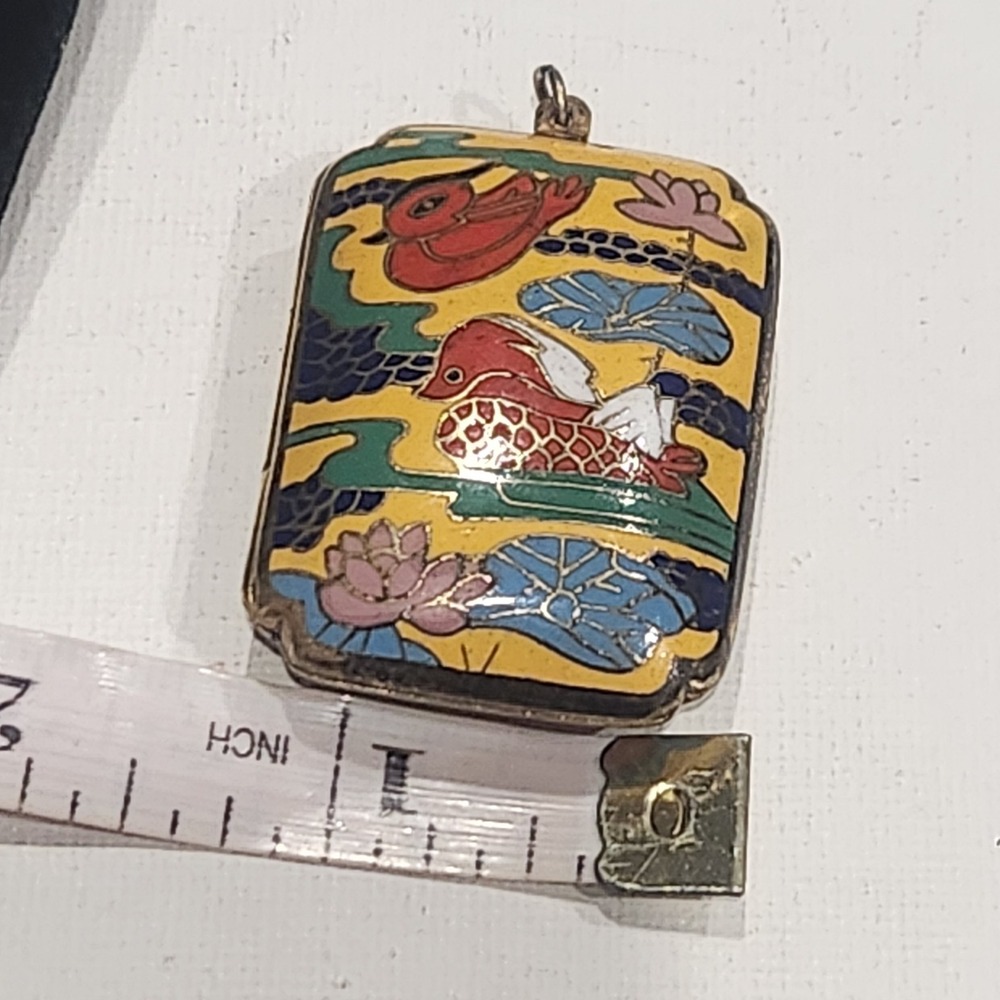 Vintage Cloisonne Locket‎ Pendant Mandarin Duck Lotus  Yellow Gold Tone - Picture 12 of 13